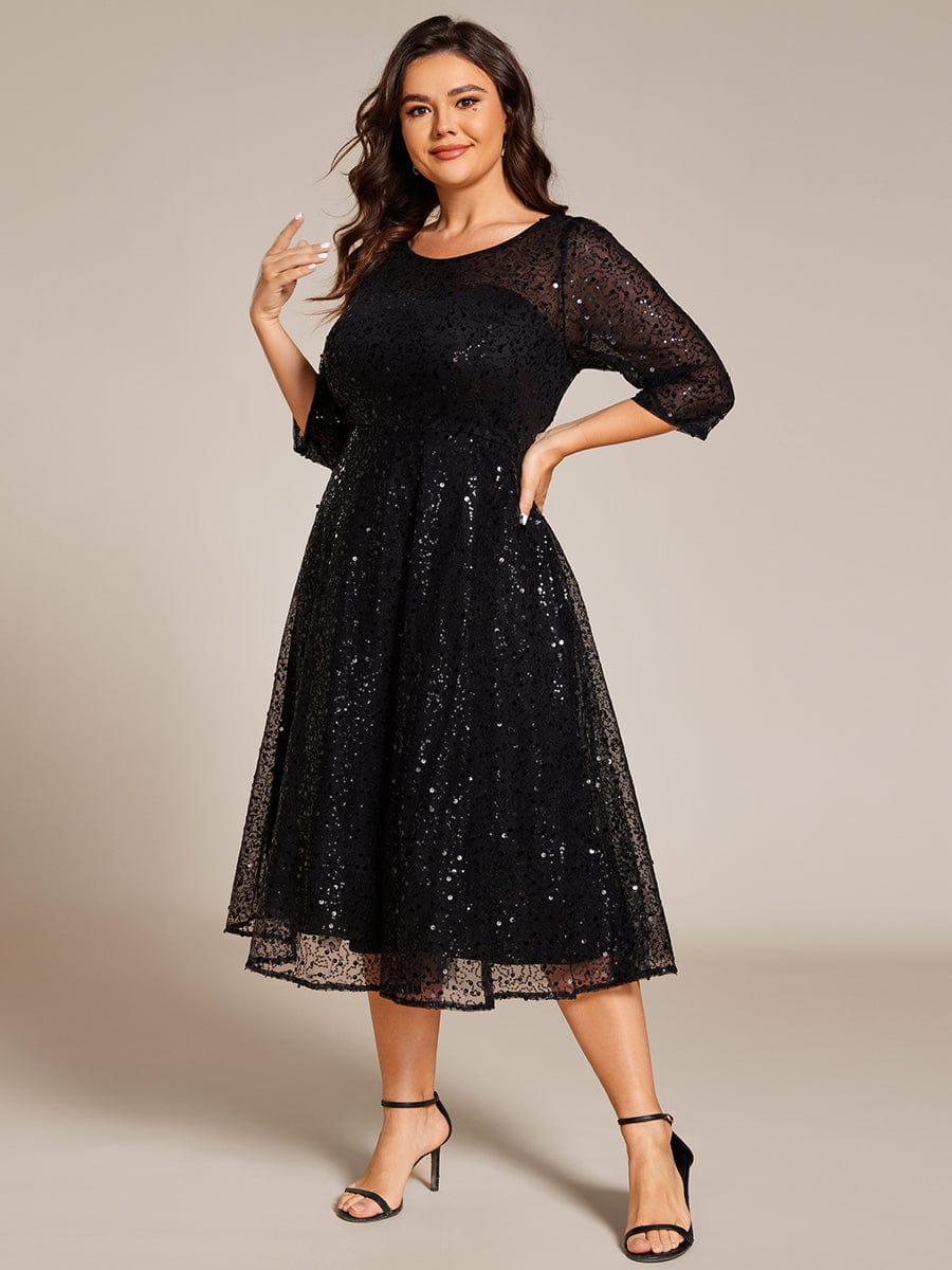 Dazzling Sequin A-Line Midi Wedding Guest Dress with Long Sleeves #color_Black