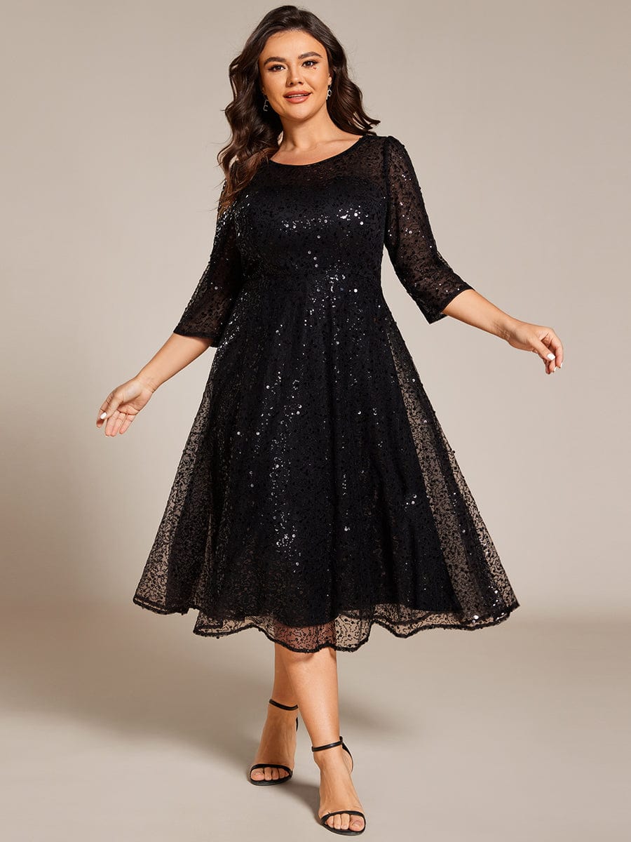 Dazzling Sequin A-Line Midi Wedding Guest Dress with Long Sleeves #color_Black