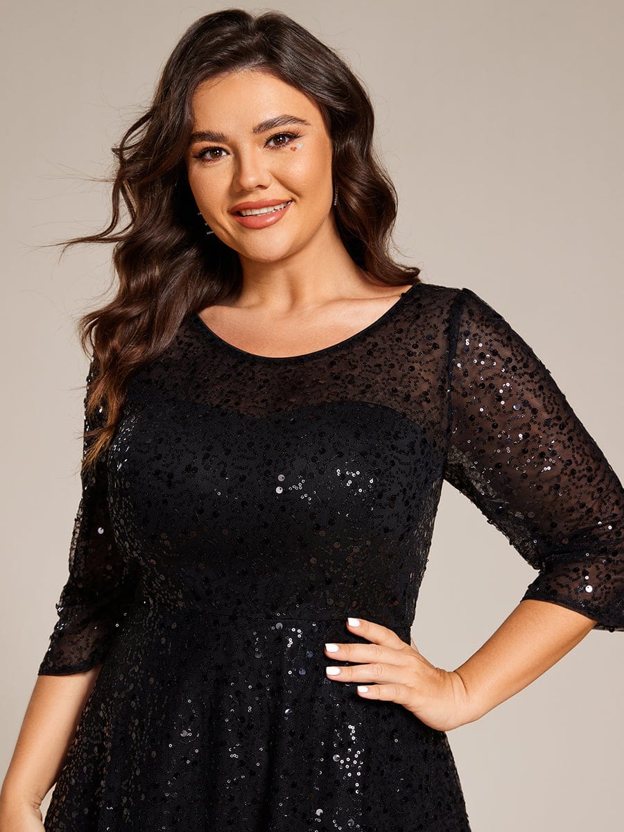 Dazzling Sequin A-Line Midi Wedding Guest Dress with Long Sleeves #color_Black