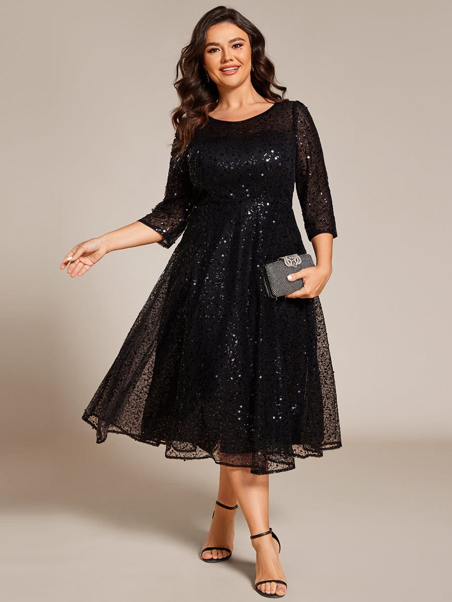 Dazzling Sequin A-Line Midi Wedding Guest Dress with Long Sleeves #color_Black