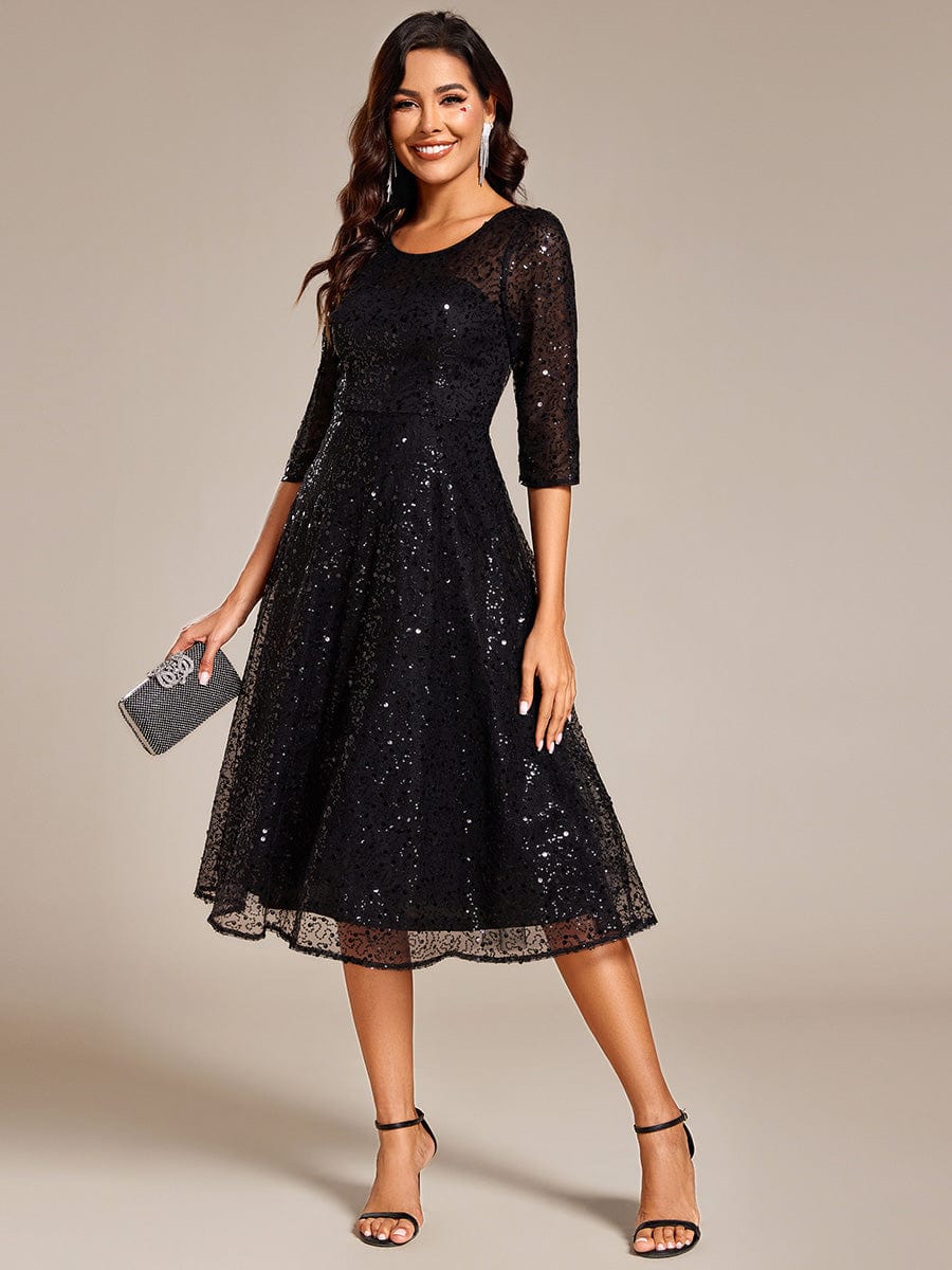 Dazzling Sequin A-Line Midi Wedding Guest Dress with Long Sleeves #color_Black