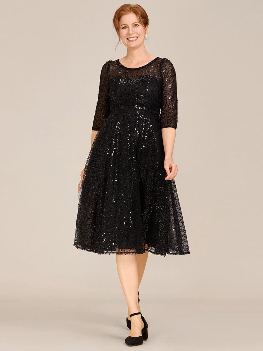 Dazzling Sequin A-Line Midi Wedding Guest Dress with Long Sleeves #color_Black