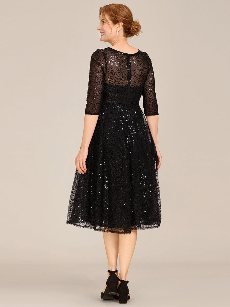 Dazzling Sequin A-Line Midi Wedding Guest Dress with Long Sleeves #color_Black