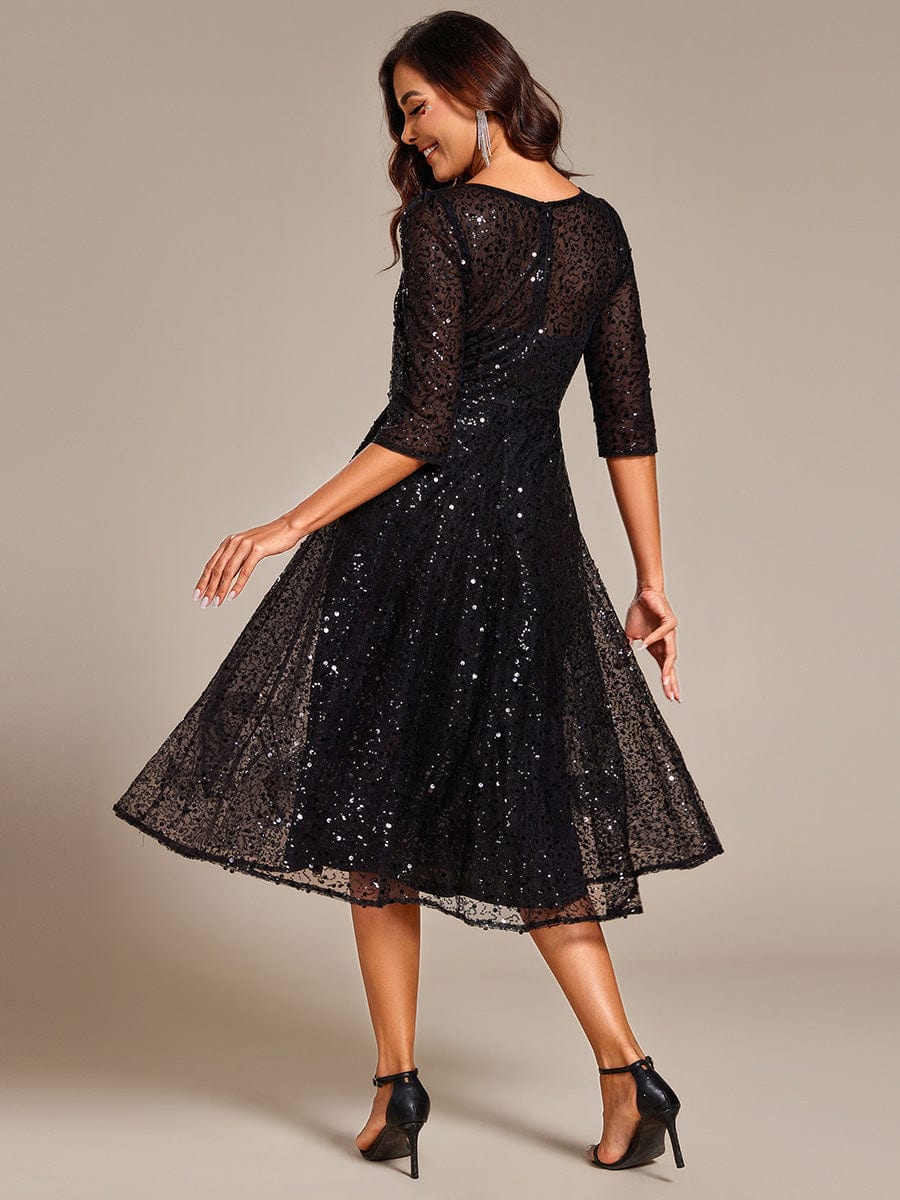 Dazzling Sequin A-Line Midi Wedding Guest Dress with Long Sleeves #color_Black