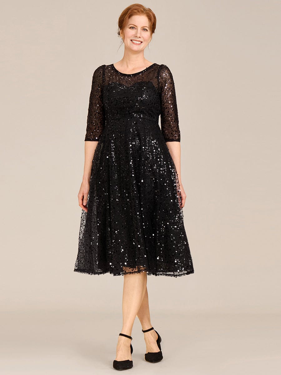 Dazzling Sequin A-Line Midi Wedding Guest Dress with Long Sleeves #color_Black