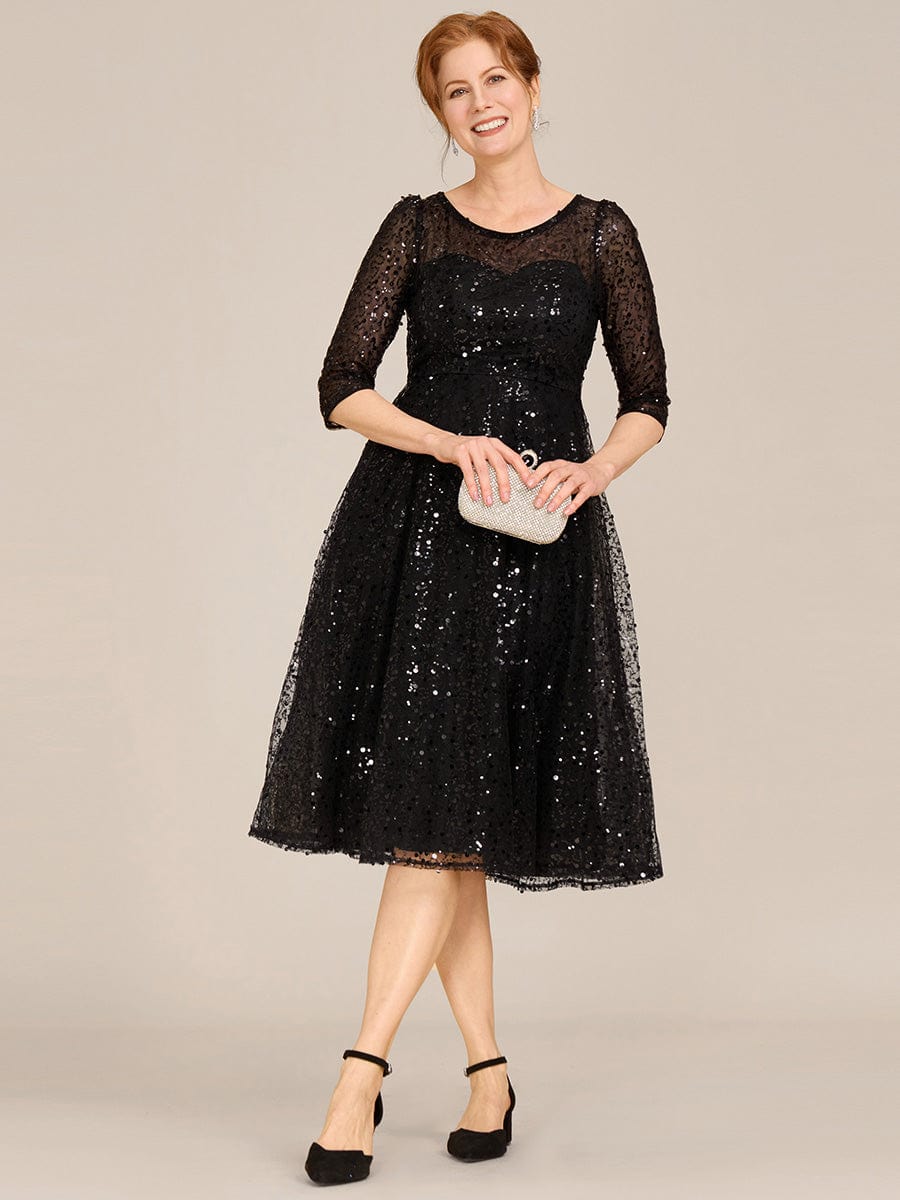 Dazzling Sequin A-Line Midi Wedding Guest Dress with Long Sleeves #color_Black