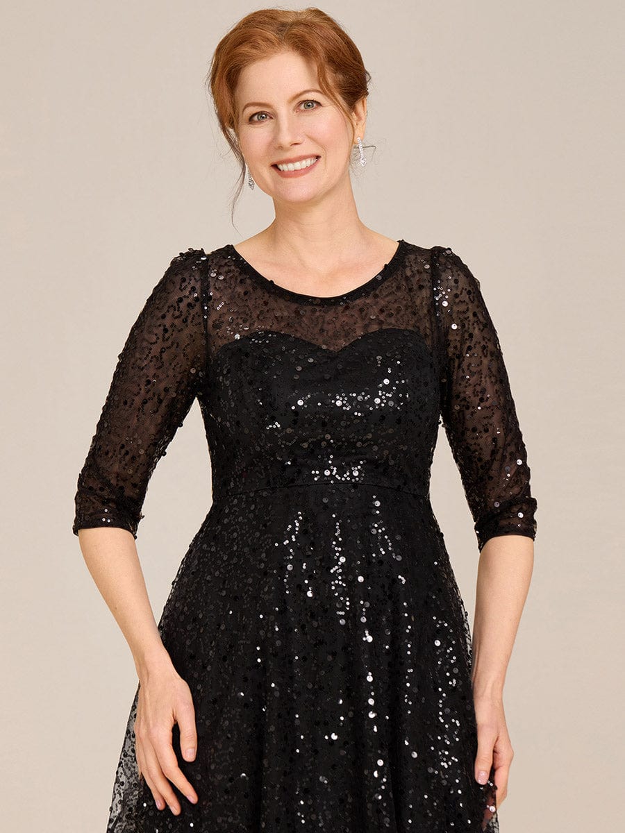 Dazzling Sequin A-Line Midi Wedding Guest Dress with Long Sleeves #color_Black