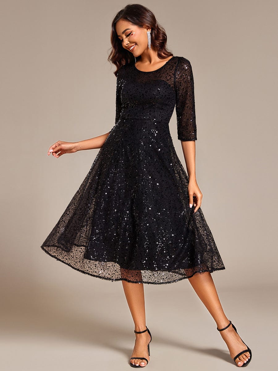 Dazzling Sequin A-Line Midi Wedding Guest Dress with Long Sleeves #color_Black