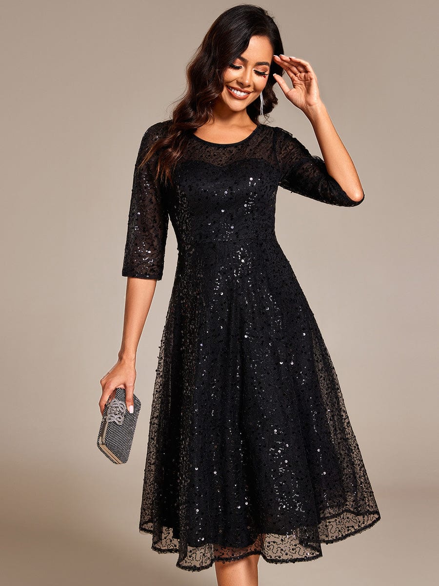 Dazzling Sequin A-Line Midi Wedding Guest Dress with Long Sleeves #color_Black