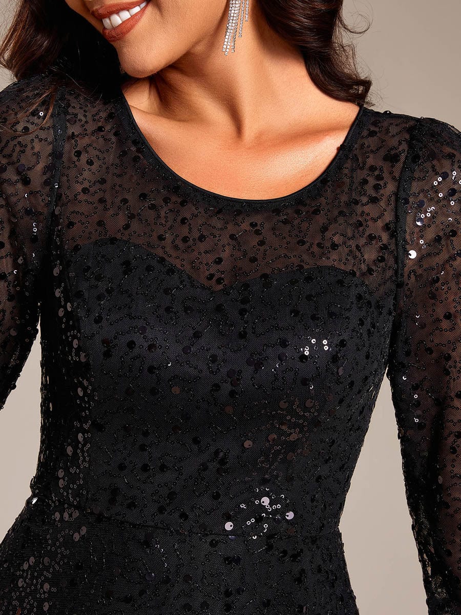 Dazzling Sequin A-Line Midi Wedding Guest Dress with Long Sleeves #color_Black