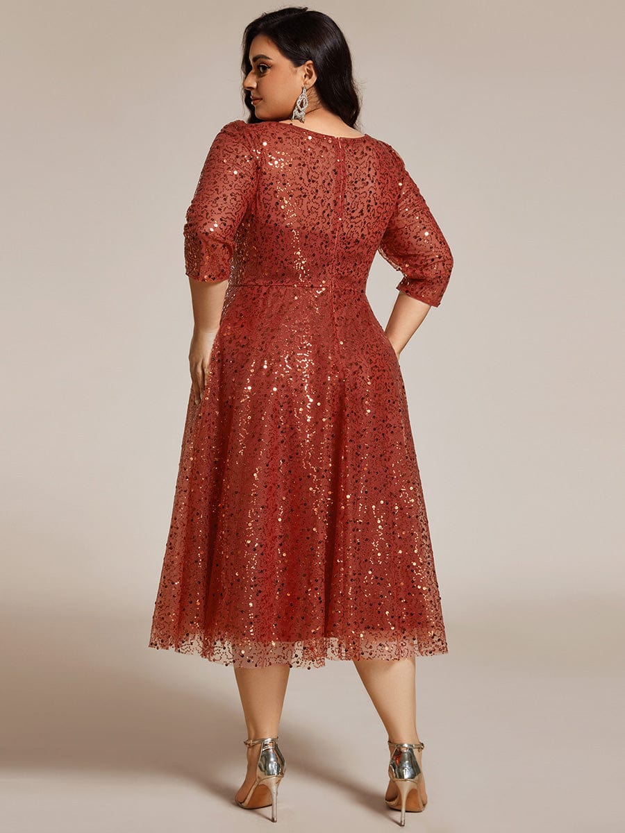 Dazzling Sequin A-Line Midi Wedding Guest Dress with Long Sleeves #color_Burnt Orange