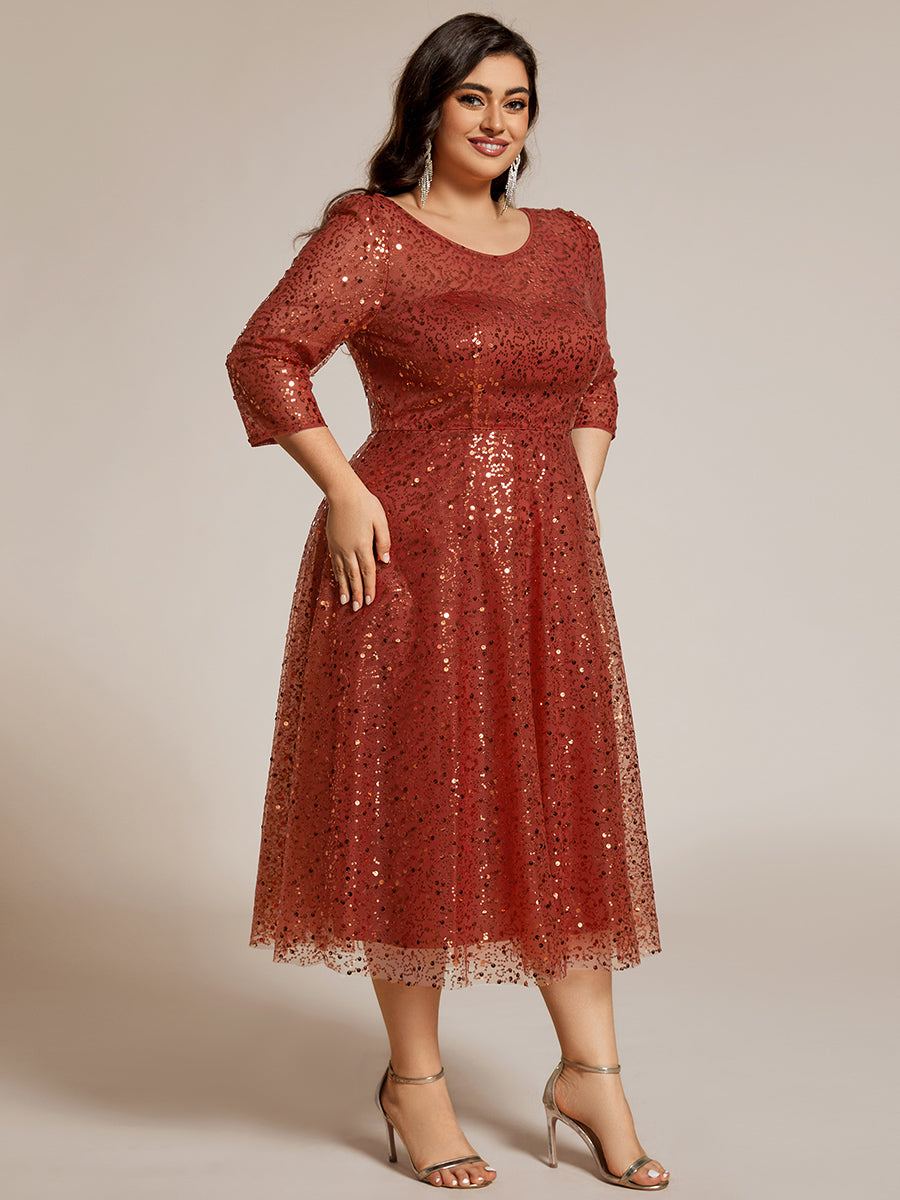 Dazzling Sequin A-Line Midi Wedding Guest Dress with Long Sleeves #color_Burnt Orange