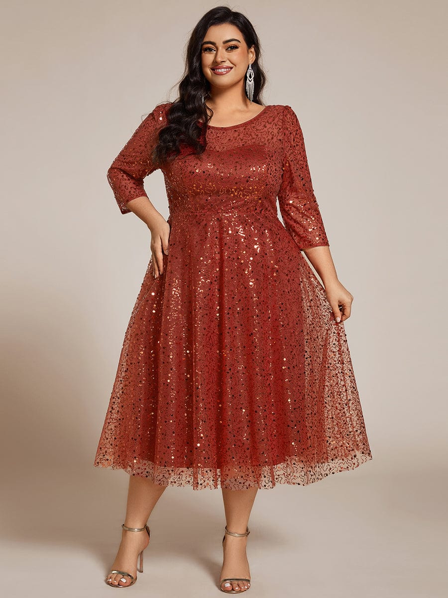 Dazzling Sequin A-Line Midi Wedding Guest Dress with Long Sleeves #color_Burnt Orange