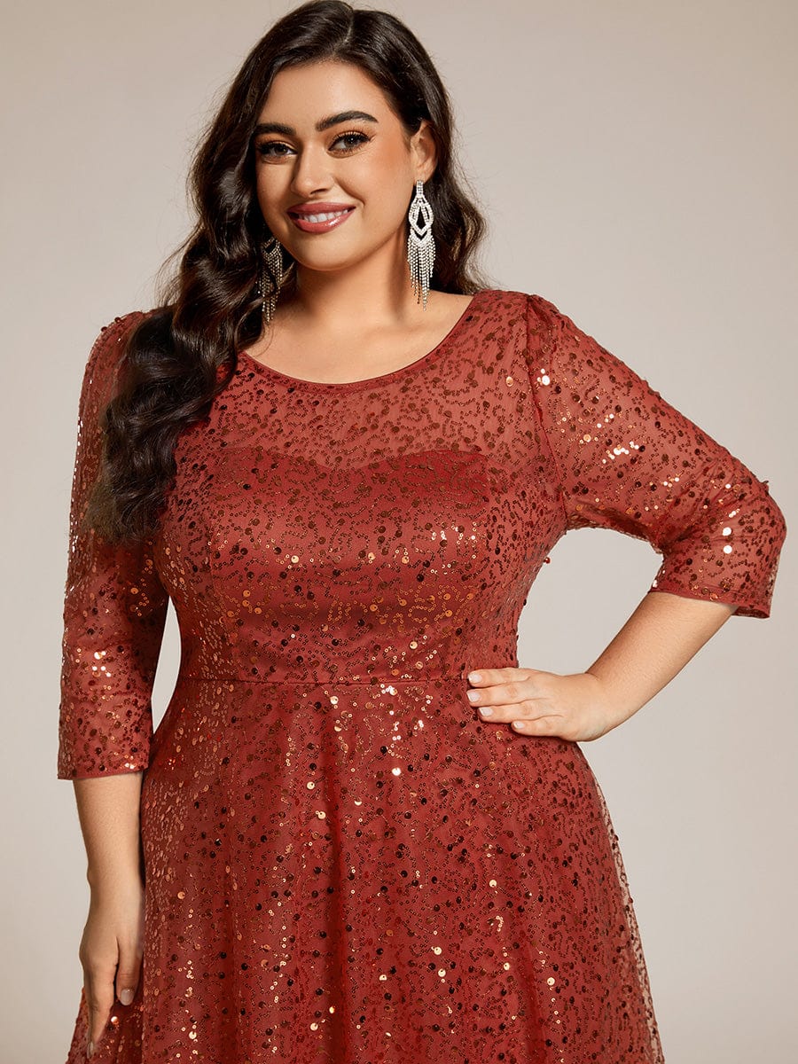 Dazzling Sequin A-Line Midi Wedding Guest Dress with Long Sleeves #color_Burnt Orange