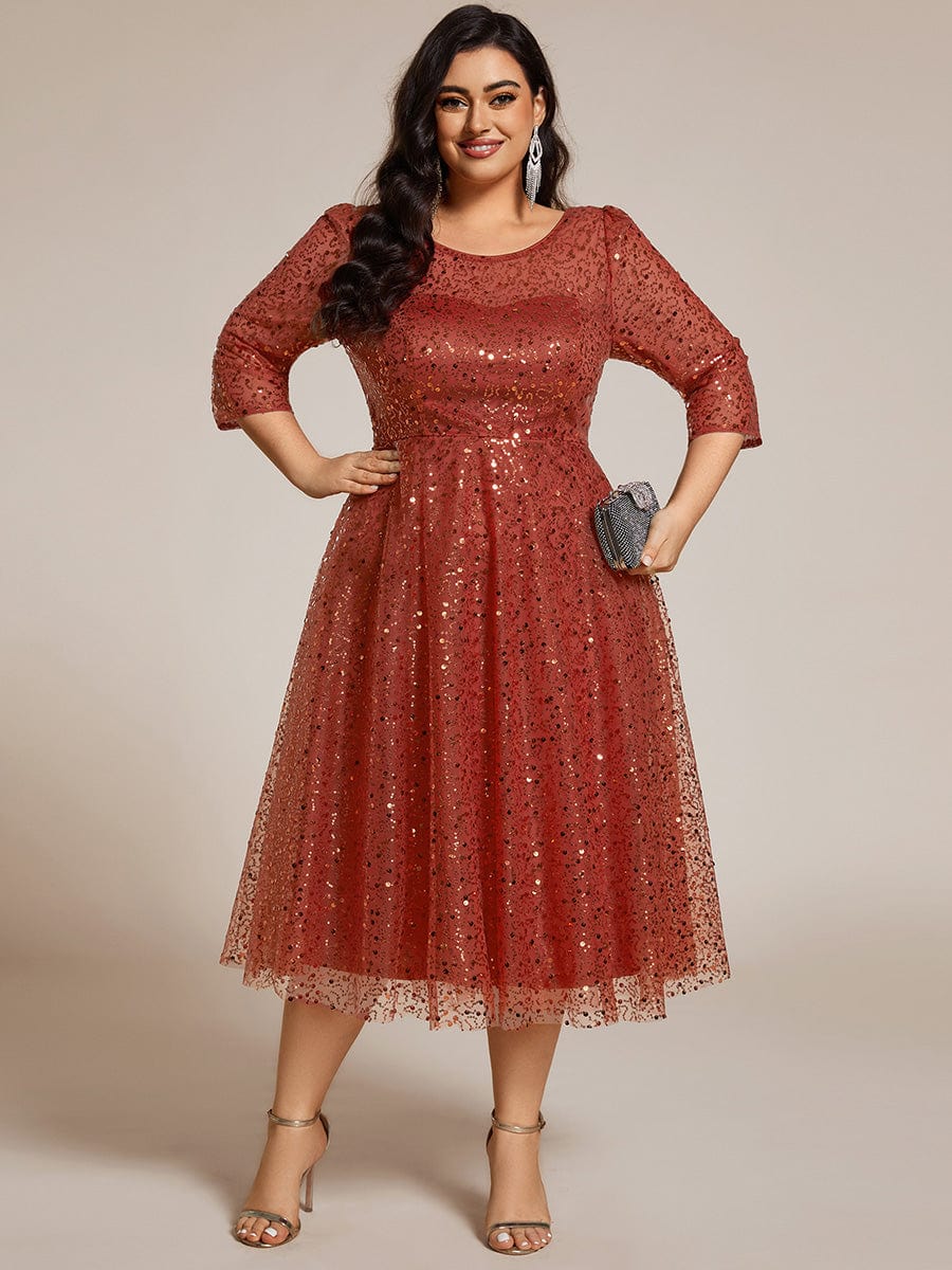 Dazzling Sequin A-Line Midi Wedding Guest Dress with Long Sleeves #color_Burnt Orange