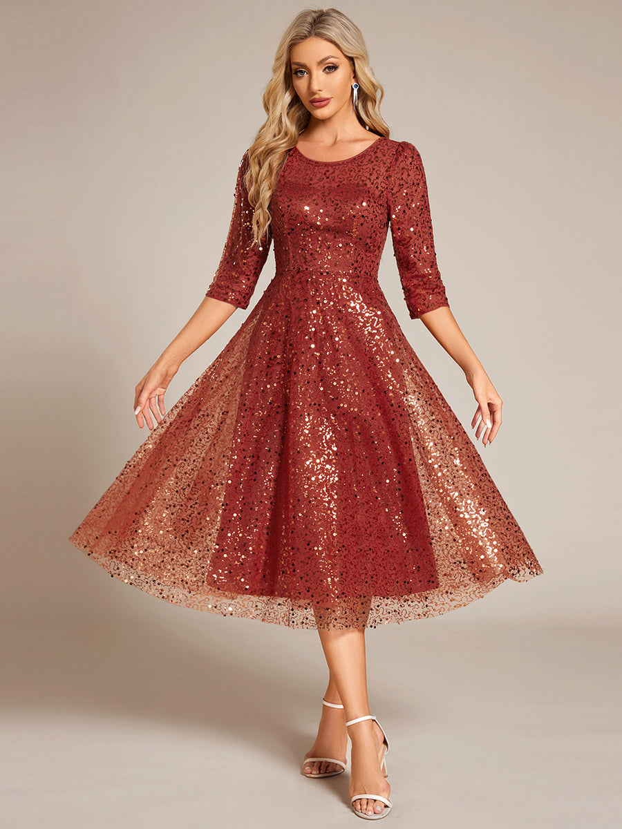 Dazzling Sequin A-Line Midi Wedding Guest Dress with Long Sleeves #color_Burnt Orange