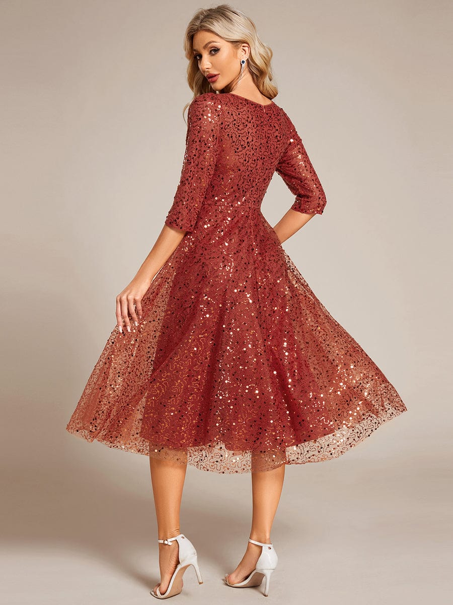 Dazzling Sequin A-Line Midi Wedding Guest Dress with Long Sleeves #color_Burnt Orange