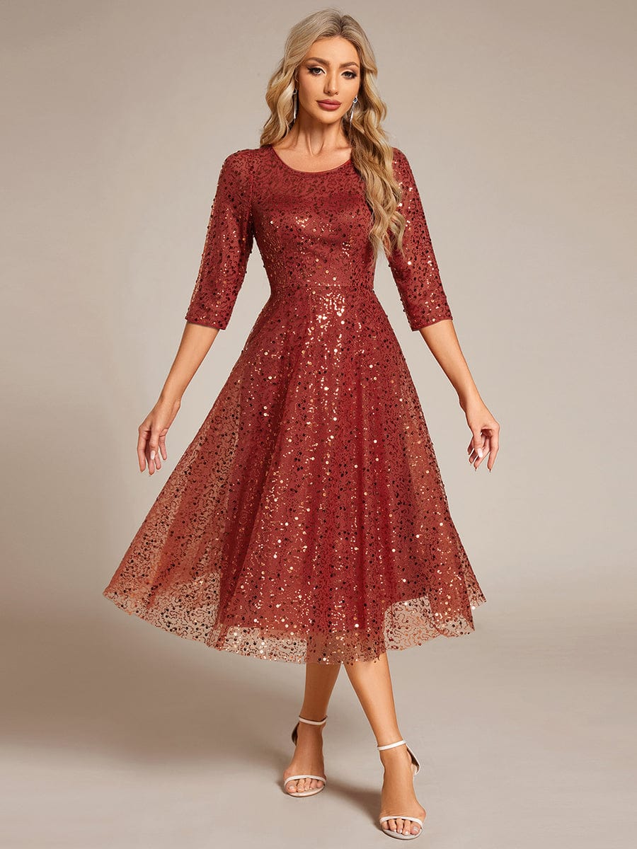 Dazzling Sequin A-Line Midi Wedding Guest Dress with Long Sleeves #color_Burnt Orange