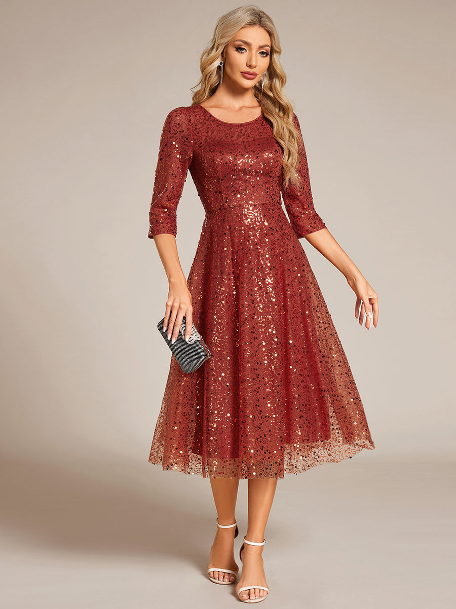 Dazzling Sequin A-Line Midi Wedding Guest Dress with Long Sleeves #color_Burnt Orange