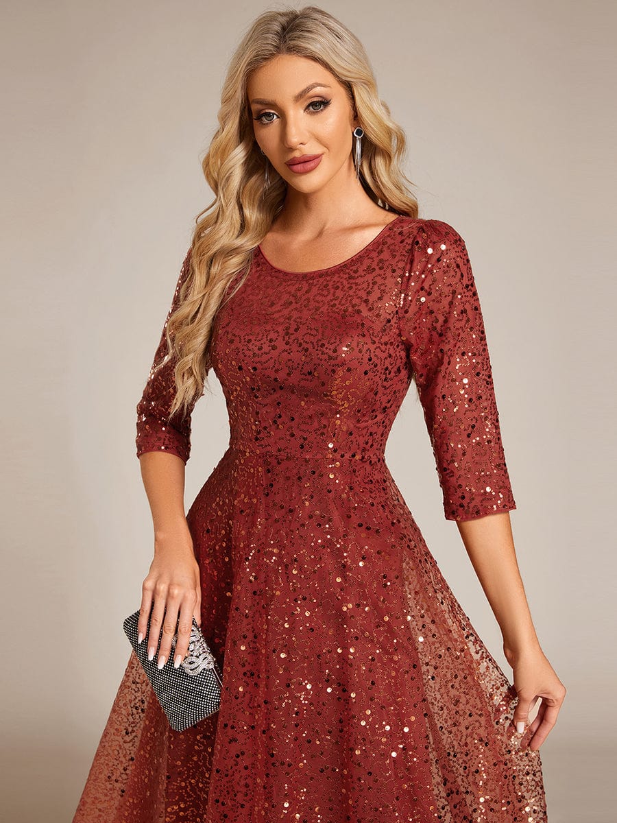 Dazzling Sequin A-Line Midi Wedding Guest Dress with Long Sleeves #color_Burnt Orange