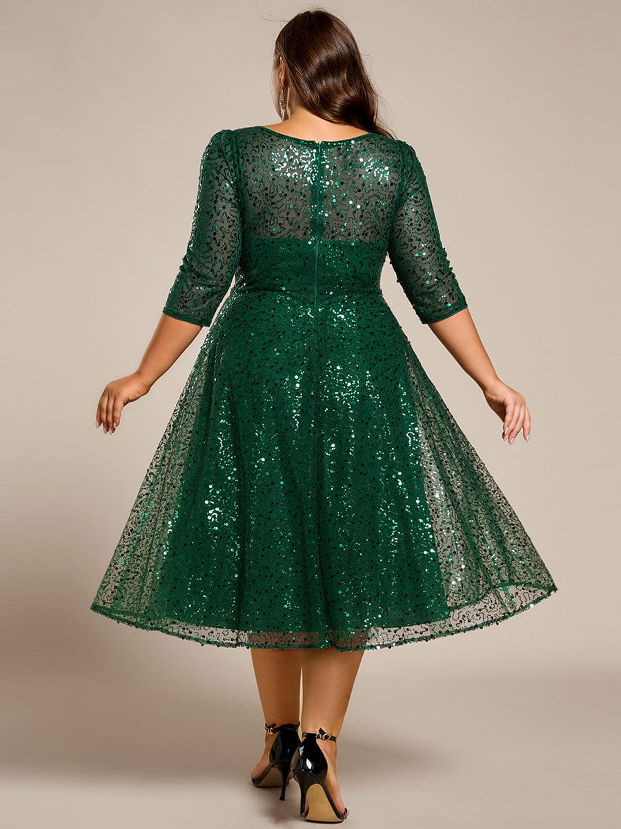 Dazzling Sequin A-Line Midi Wedding Guest Dress with Long Sleeves #color_Dark Green