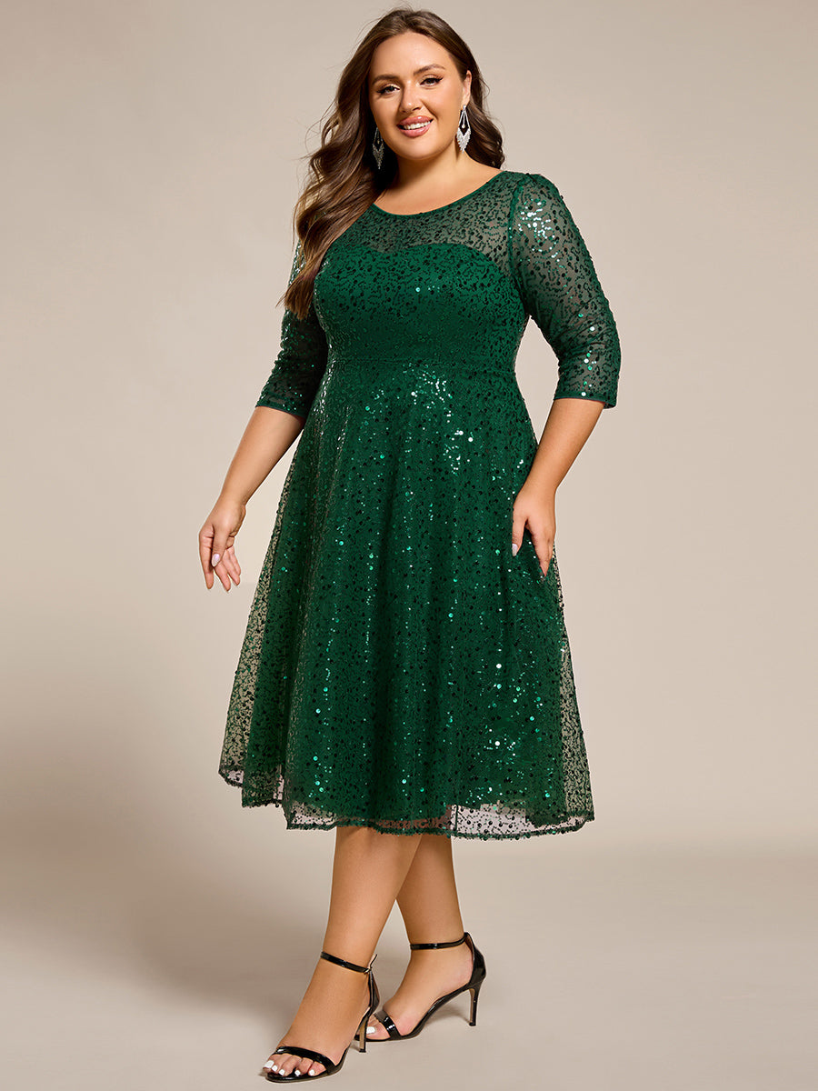 Dazzling Sequin A-Line Midi Wedding Guest Dress with Long Sleeves #color_Dark Green