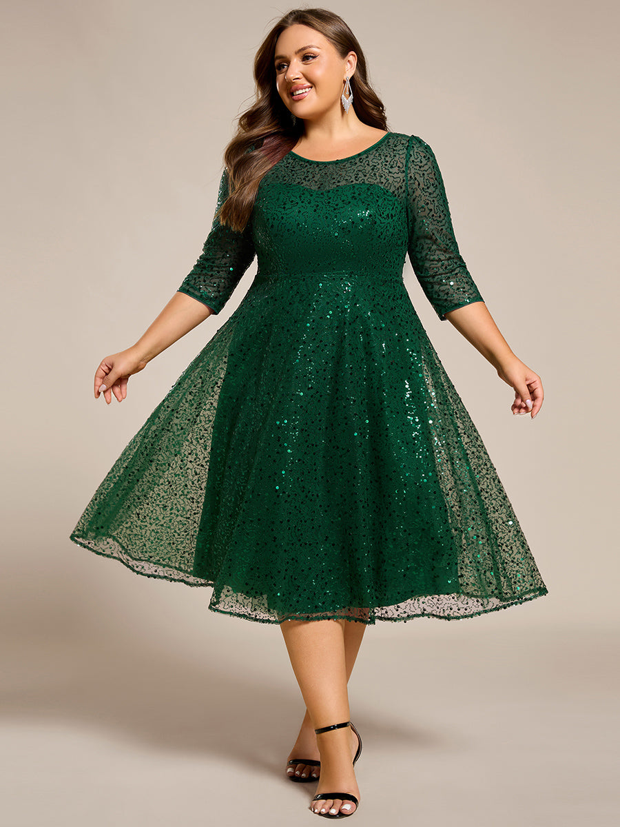 Dazzling Sequin A-Line Midi Wedding Guest Dress with Long Sleeves #color_Dark Green