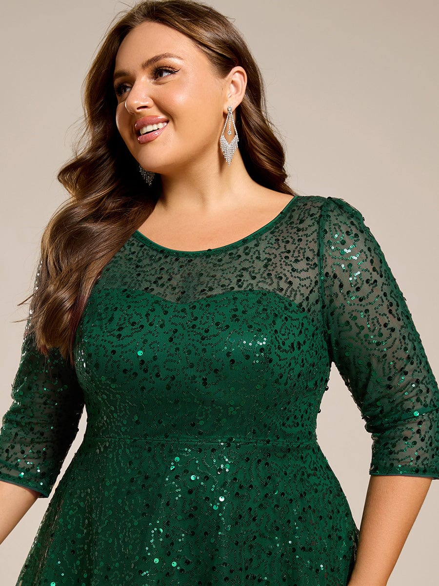 Dazzling Sequin A-Line Midi Wedding Guest Dress with Long Sleeves #color_Dark Green