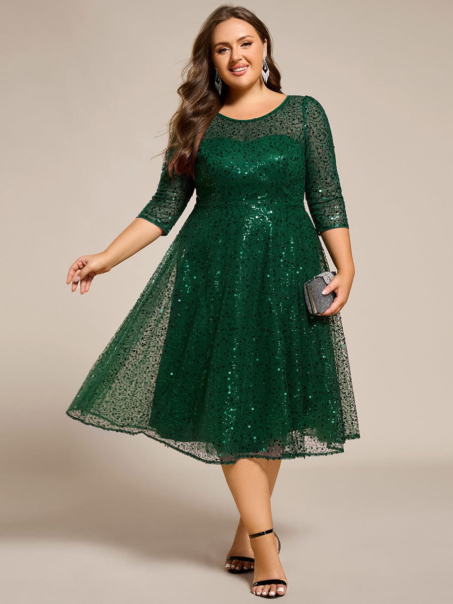 Dazzling Sequin A-Line Midi Wedding Guest Dress with Long Sleeves #color_Dark Green