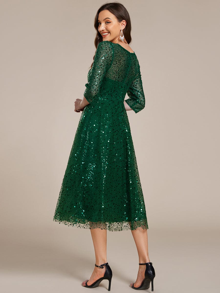 Dazzling Sequin A-Line Midi Wedding Guest Dress with Long Sleeves #color_Dark Green