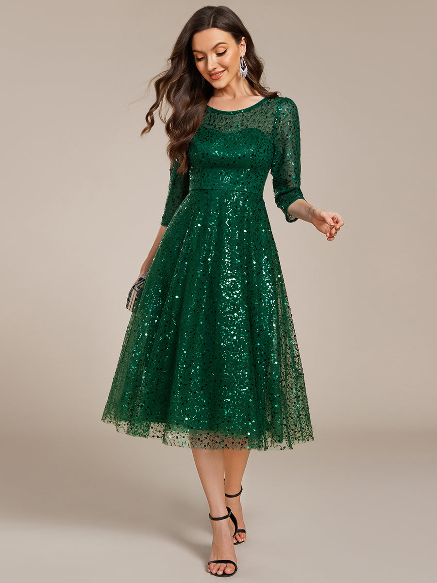 Dazzling Sequin A-Line Midi Wedding Guest Dress with Long Sleeves #color_Dark Green