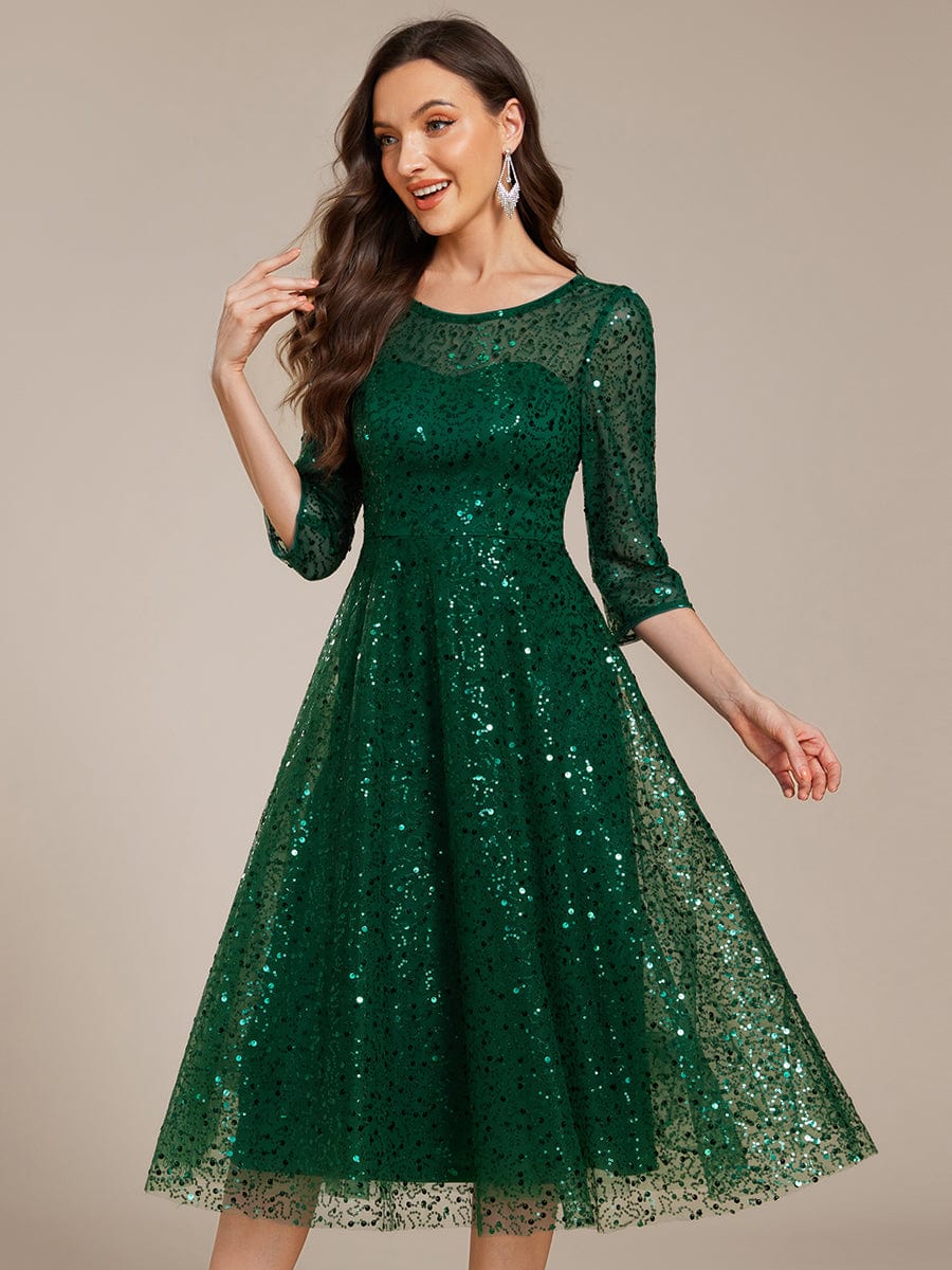 Dazzling Sequin A-Line Midi Wedding Guest Dress with Long Sleeves #color_Dark Green