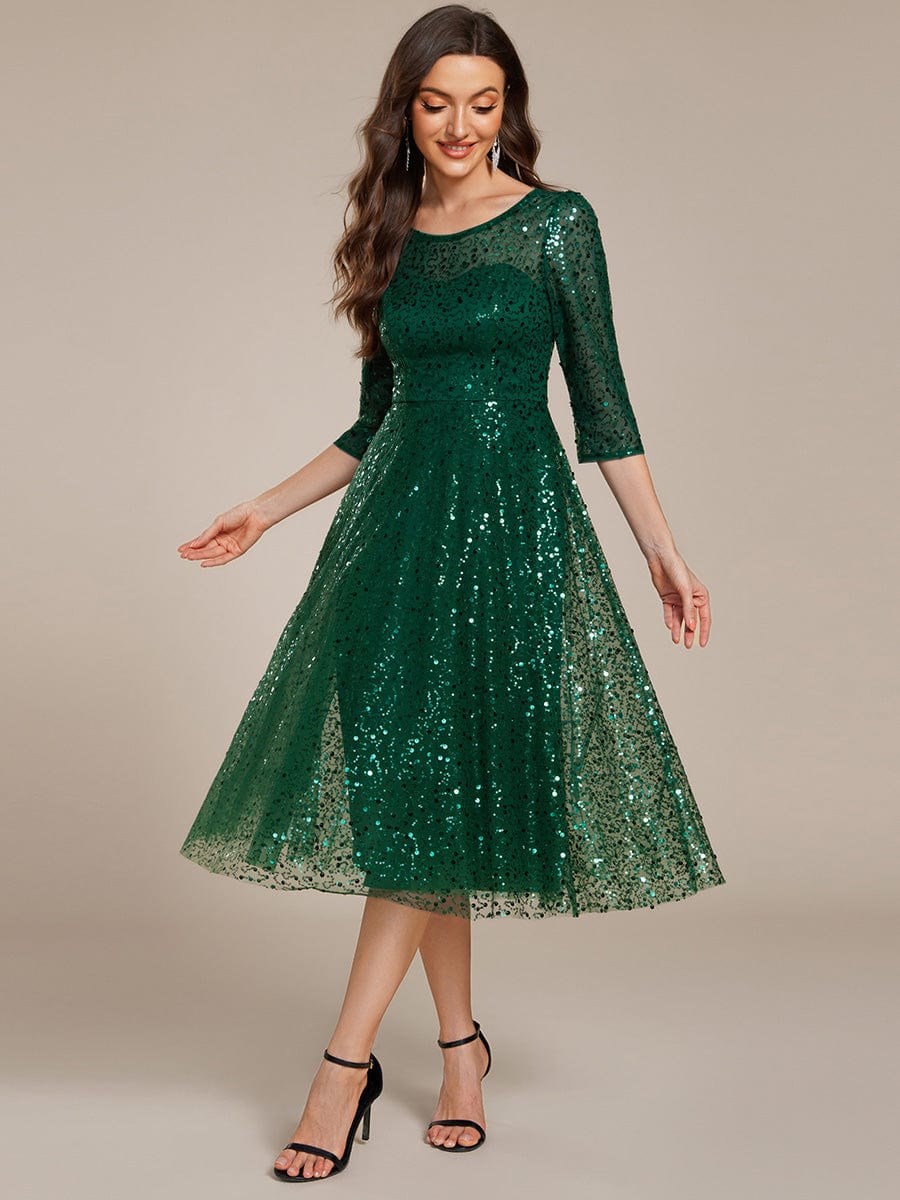 Dazzling Sequin A-Line Midi Wedding Guest Dress with Long Sleeves #color_Dark Green