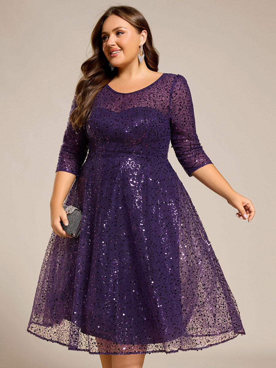 Dazzling Sequin A-Line Midi Wedding Guest Dress with Long Sleeves #color_Dark Purple