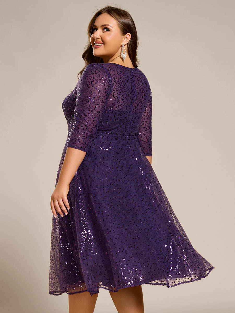 Dazzling Sequin A-Line Midi Wedding Guest Dress with Long Sleeves #color_Dark Purple