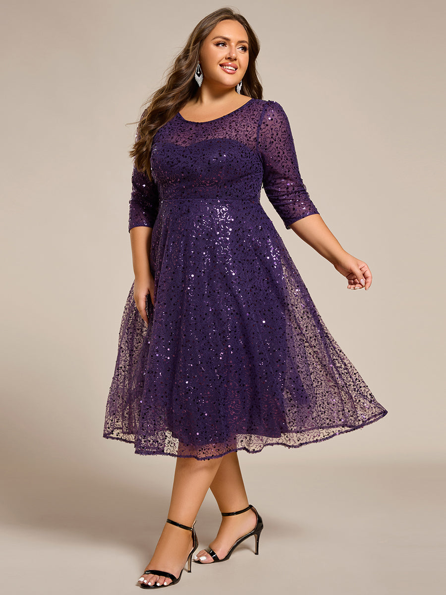 Dazzling Sequin A-Line Midi Wedding Guest Dress with Long Sleeves #color_Dark Purple