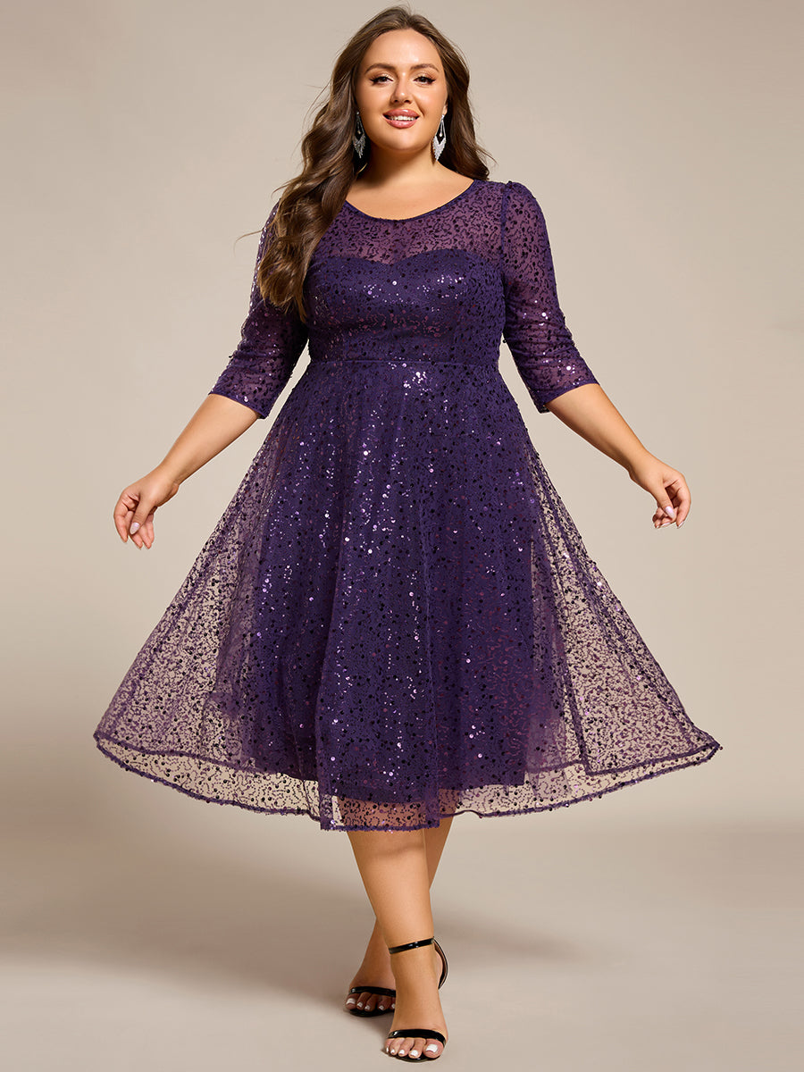 Dazzling Sequin A-Line Midi Wedding Guest Dress with Long Sleeves #color_Dark Purple