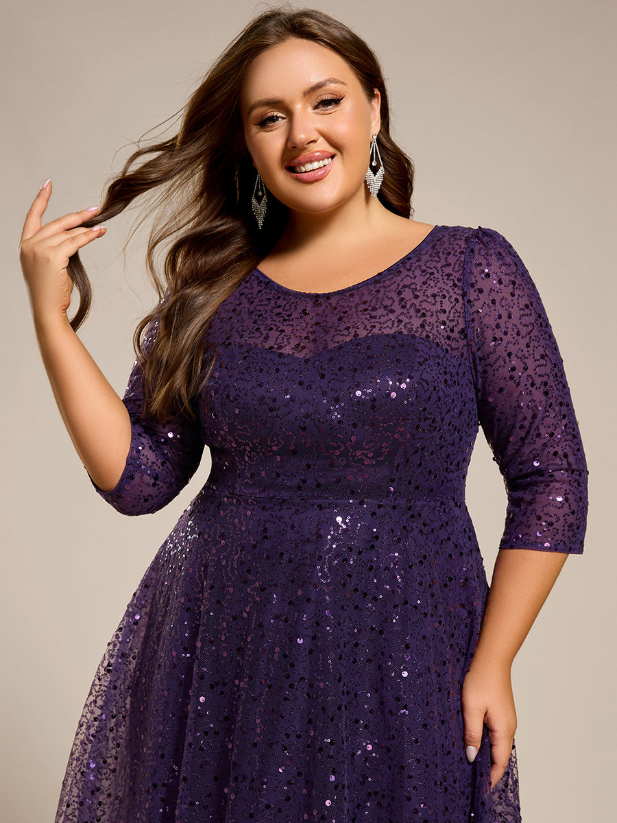 Dazzling Sequin A-Line Midi Wedding Guest Dress with Long Sleeves #color_Dark Purple