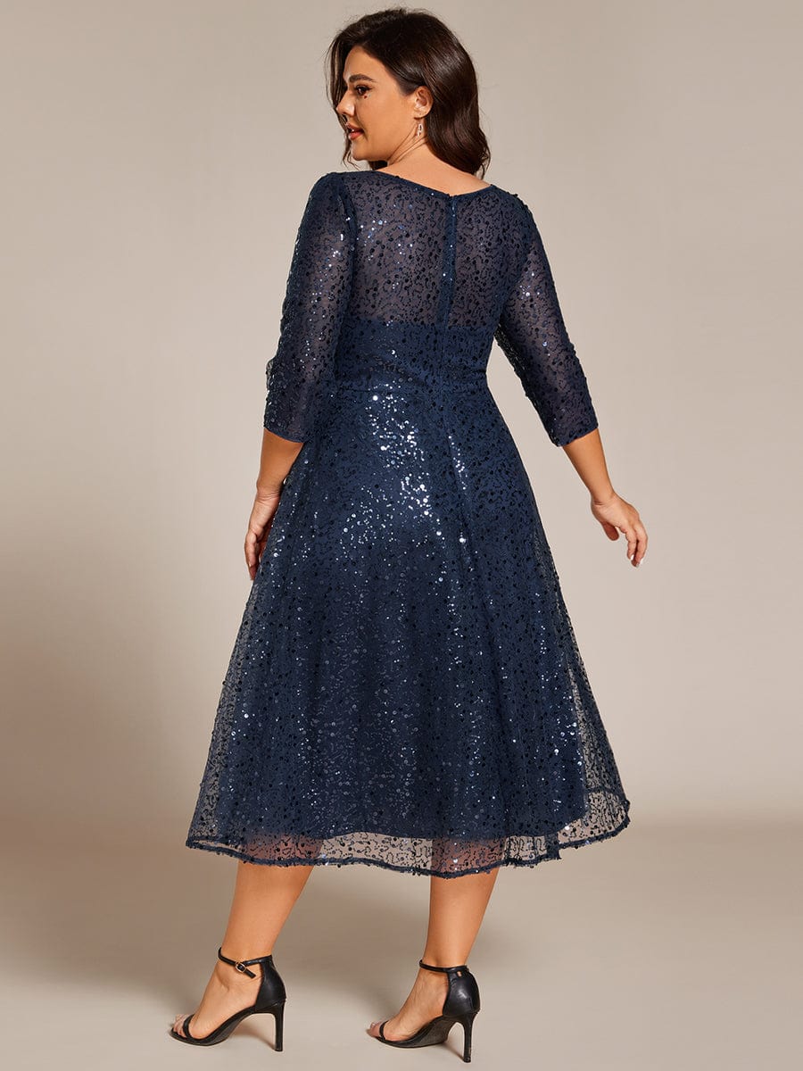 Dazzling Sequin A-Line Midi Wedding Guest Dress with Long Sleeves #color_Navy Blue