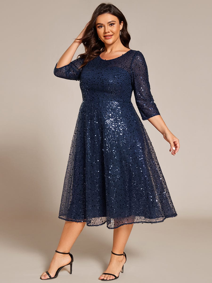 Dazzling Sequin A-Line Midi Wedding Guest Dress with Long Sleeves #color_Navy Blue