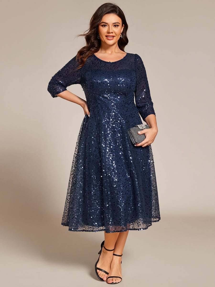 Dazzling Sequin A-Line Midi Wedding Guest Dress with Long Sleeves #color_Navy Blue