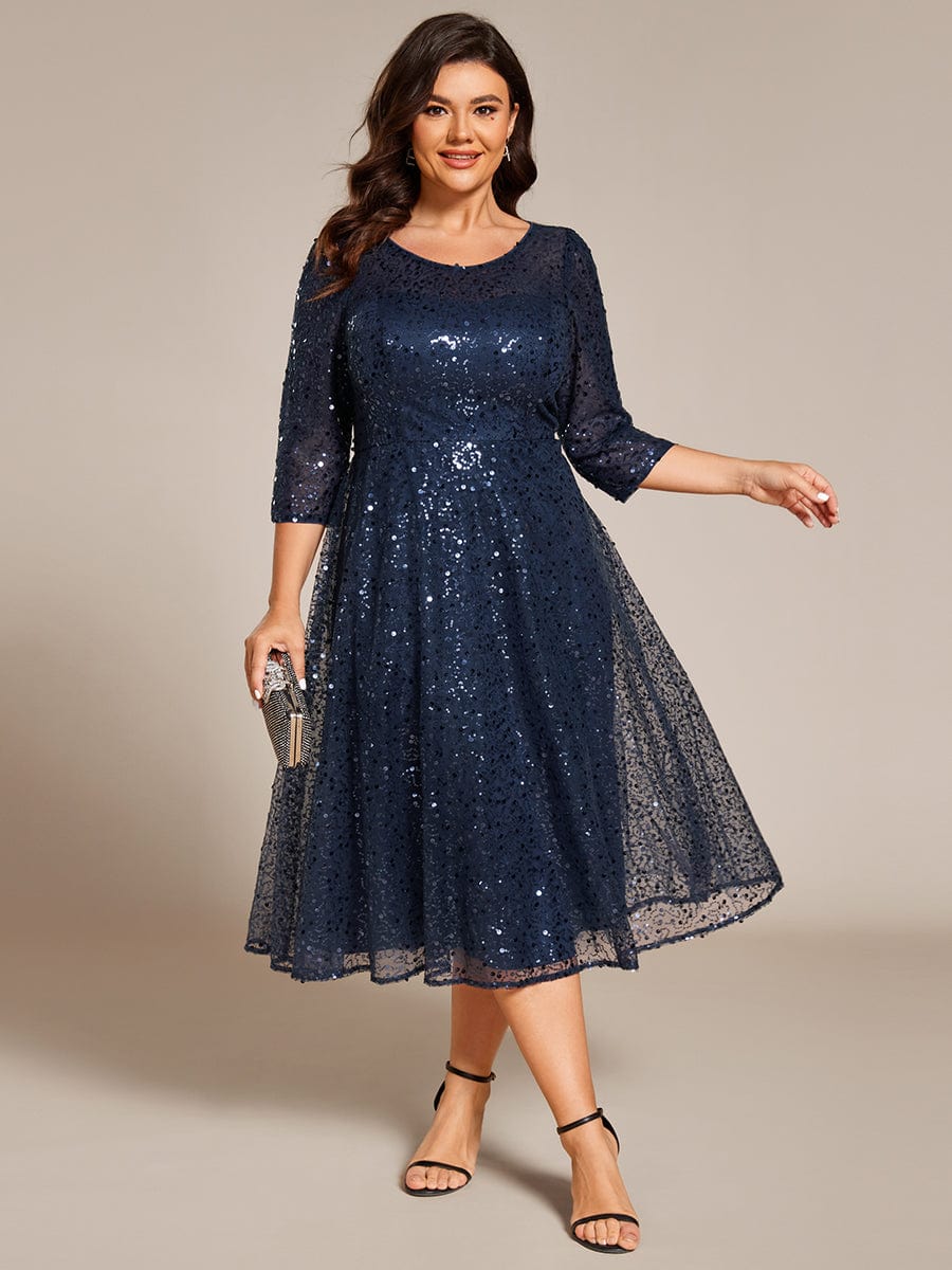 Dazzling Sequin A-Line Midi Wedding Guest Dress with Long Sleeves #color_Navy Blue