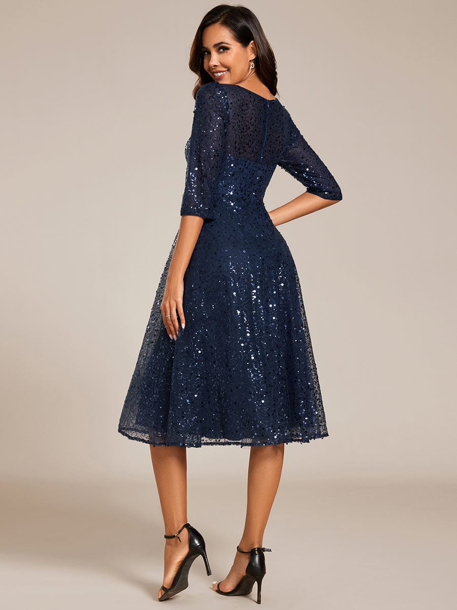 Dazzling Sequin A-Line Midi Wedding Guest Dress with Long Sleeves #color_Navy Blue