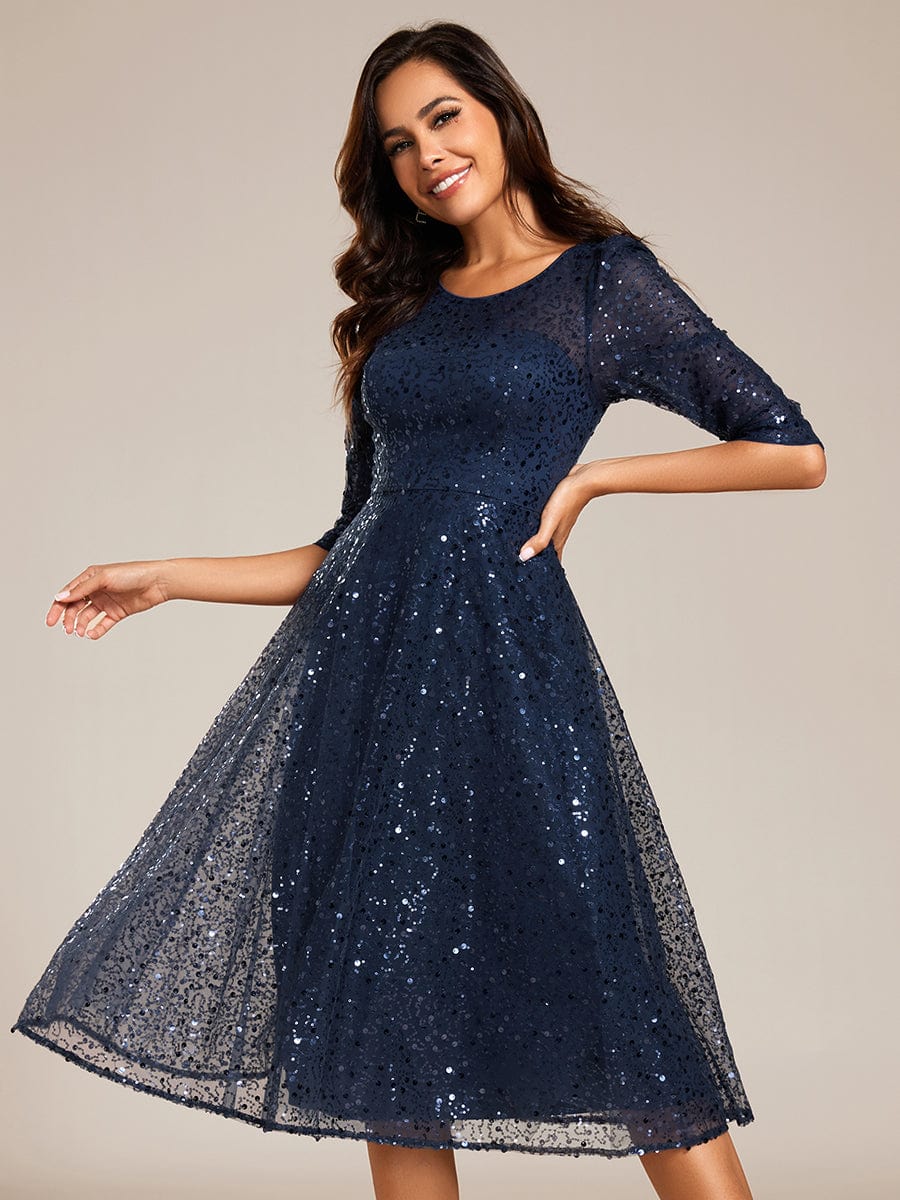 Dazzling Sequin A-Line Midi Wedding Guest Dress with Long Sleeves #color_Navy Blue