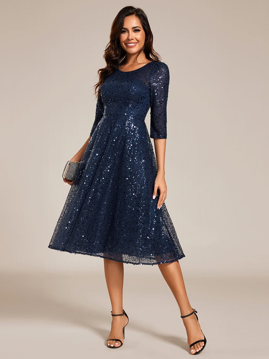 Dazzling Sequin A-Line Midi Wedding Guest Dress with Long Sleeves #color_Navy Blue