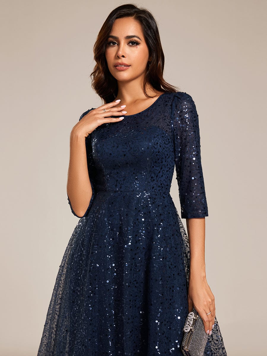 Dazzling Sequin A-Line Midi Wedding Guest Dress with Long Sleeves #color_Navy Blue