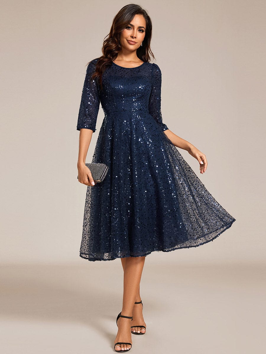 Dazzling Sequin A-Line Midi Wedding Guest Dress with Long Sleeves #color_Navy Blue