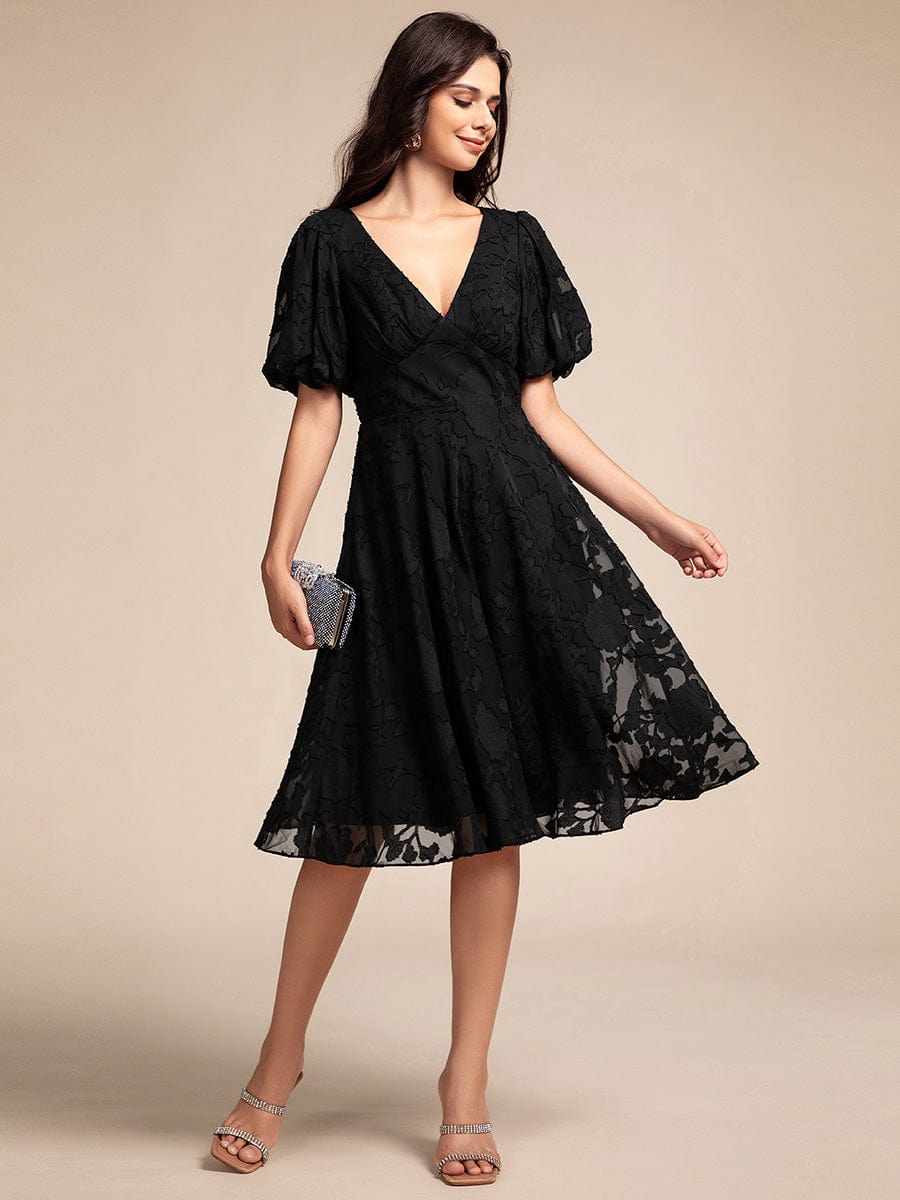 V-neck Puffy Midi Wedding Guest Dress With Short Sleeves #color_Black