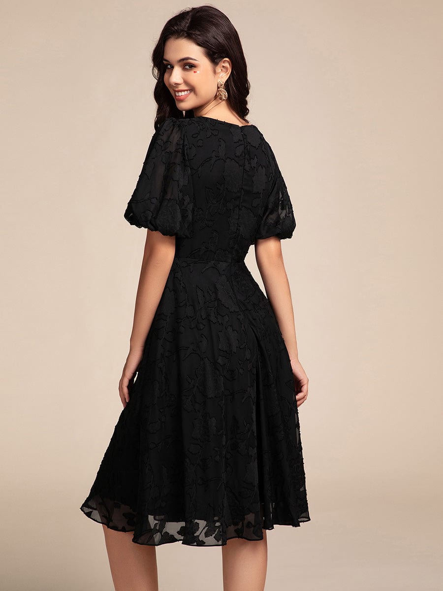 V-neck Puffy Midi Wedding Guest Dress With Short Sleeves #color_Black