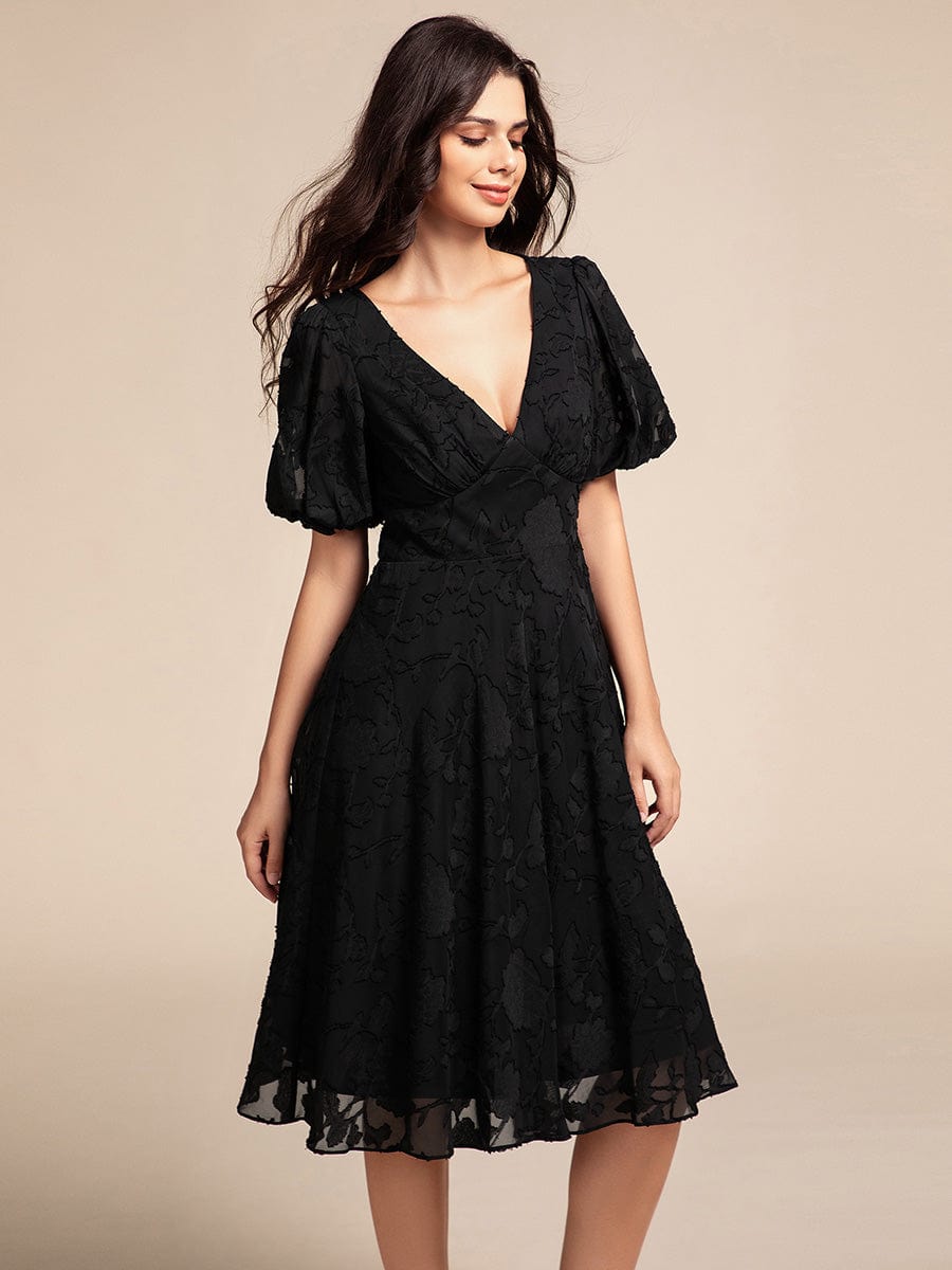 V-neck Puffy Midi Wedding Guest Dress With Short Sleeves #color_Black